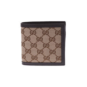 Gucci GG Canvas Compact Wallet Beige Brown Leather Bifold